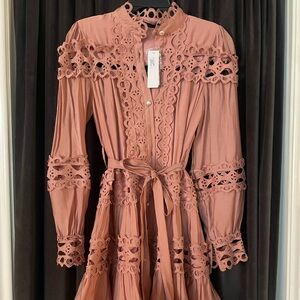 Ina Pink Tiered Tie Front Sundress with Bishop Sleeves